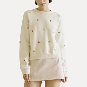 Storia Ivory Crewneck Sweater with Beaded Rosebud Embellishments
